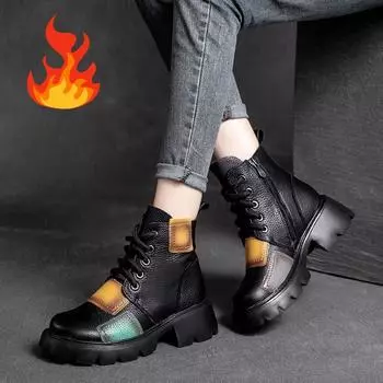 Осенне-зимние готические женские ботильоны, разноцветные женские туфли, ретро-сапоги из натуральной кожи с круглым носком, сшитые вручную на платформе 41