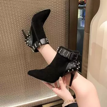 Осенне-зимние и ботильоны Ботильоны на шпильках Ботильоны с острым носком Черные шикарные застежки-молнии по бокам Ботинки челси Модные ботинки 35