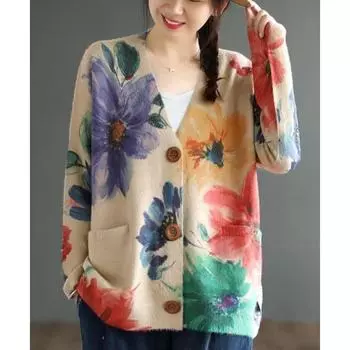 Осенне-зимние кардиганы из меха норки с цветочным принтом для женщин, свободная литературная ретро-одежда, повседневная трикотажная куртка с длинным рукавом и V-образным вырезом L