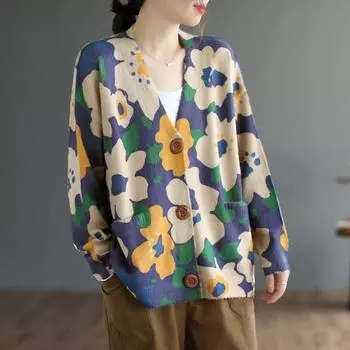 Осенне-зимние кардиганы из меха норки с принтом на пуговицах для женщин, свободная литературная ретро-одежда, повседневная трикотажная куртка с длинным рукавом и V-образным вырезом L