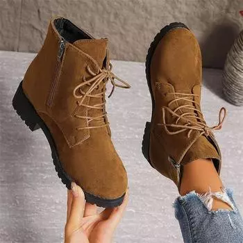 Осенне-зимние классические однотонные модные удобные замшевые короткие сапоги для верховой езды с круглым носком и толстым каблуком, с боковой молнией 36