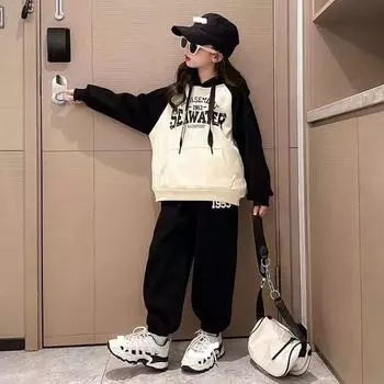 Осенне-зимние комплекты детской одежды для девочек, теплые флисовые модные толстовки с буквами и длинными рукавами + брюки, детская одежда, спортивный костюм 120 бежевый