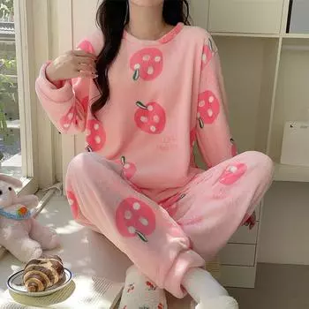 Осенне-зимние комплекты для сна для девочек, женские милые пижамы с принтом «Клубника» с длинными рукавами, теплые пижамы из кораллового флиса, домашняя одежда, розовый костюм M
