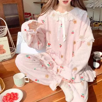 Осенне-зимние комплекты пижам для девочек розового цвета, женские милые кружевные пижамы с принтом в стиле пэчворк, с длинными рукавами, теплые пижамы из кораллового флиса, домашняя одежда M розовый