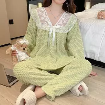 Осенне-зимние комплекты пижам для молодых девушек, женские милые кружевные лоскутные однотонные пижамы с длинными рукавами, теплые пижамы из кораллового флиса, домашняя одежда, костюм M