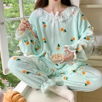 Осенне-зимние комплекты пижам для молодых девушек. Женские милые кружевные пижамы с цветочным принтом и длинными рукавами. Теплые пижамы из кораллового флиса. Домашняя одежда. M