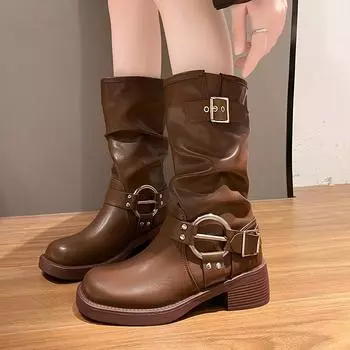 Осенне-зимние ковбойские сапоги для женщин, новые модные женские повседневные туфли на толстой подошве Mordern Botas на платформе 35