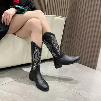 Осенне-зимние ковбойские сапоги в стиле вестерн, универсальные сапоги для взрослых женщин, мотоциклетные сапоги с вышитыми рукавами, сапоги до середины голени 35