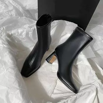 Осенне-зимние квадратные ботильоны с флисом, удобные мягкие кожаные ботинки на высоком каблуке, женские туфли на молнии, простые, темпераментные, на толстом каблуке 40 чёрный