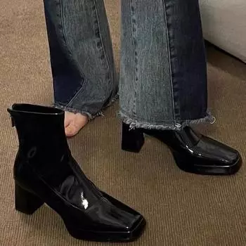 Осенне-зимние лакированные туфли женские на толстом каблуке, сексуальные короткие сапоги на высоком каблуке, женские ботинки Botas De Mujer 35