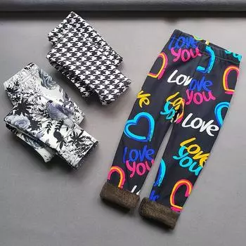 Осенне-зимние леггинсы для девочек, детские толстые теплые леопардовые брюки в горошек, бархатные штаны, детские брюки с цветами 100