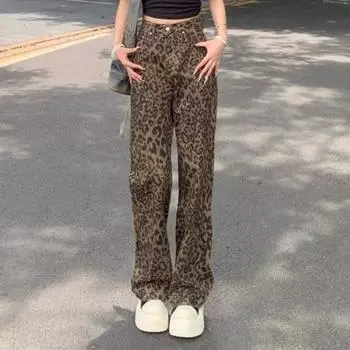 Осенне-зимние леопардовые джинсы с широкими штанинами, женские капри, повседневные свободные брюки с высокой талией, винтажные модные уличные прямые джинсовые брюки 25542 S цветной печати леопарда