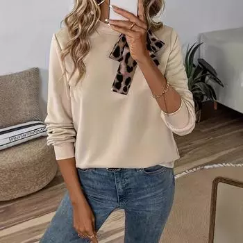 Осенне-зимние леопардовые пуловеры и топы с длинными рукавами и круглым вырезом на шнуровке, свободные повседневные женские топы S абрикосовый