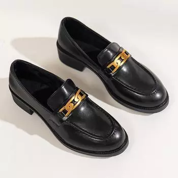 Осенне-зимние металлические цепи кроссовки женские средний каблук кожаные балетки оксфорды женские туфли на плоской подошве с круглым носком лоферы женские 35