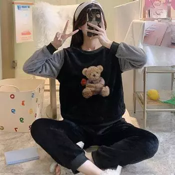 Осенне-зимние милые комплекты пижам для девочек, женские милые мультяшные пижамы с длинными рукавами, теплая пижама из кораллового флиса, домашняя одежда, пижамный костюм M