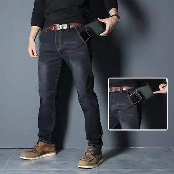 Осенне-зимние модели эластичных джинсов, мужские свободные прямые деловые повседневные черные толстые брюки больших размеров для среднего возраста, толстяк 32 чёрный