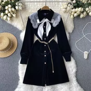 Осенне-зимние модели, кружевное французское однобортное бархатное платье трапециевидной формы с темно-синим воротником и бантом