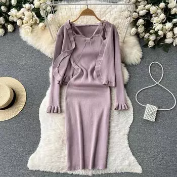 Осенне-зимние модели, повседневный кардиган с длинными рукавами, куртка-кардиган с подтяжками, комплект хип-платья, комплект из двух предметов