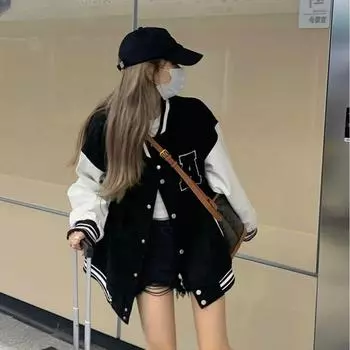 Осенне-зимние модные куртки-бомберы для женщин, уличная одежда, бейсбольная форма, пальто больших размеров, свободные студенческие куртки и пальто 3XL чёрный