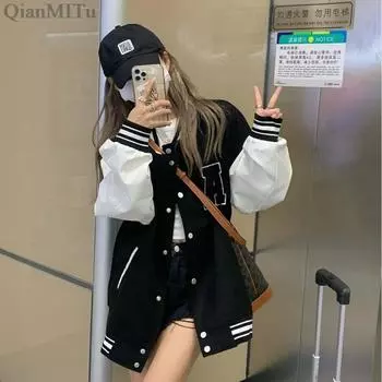 Осенне-зимние модные куртки-бомберы для женщин, уличная одежда, бейсбольная форма, пальто большого размера, куртки и пальто, свободные студенческие куртки XXXL чёрный