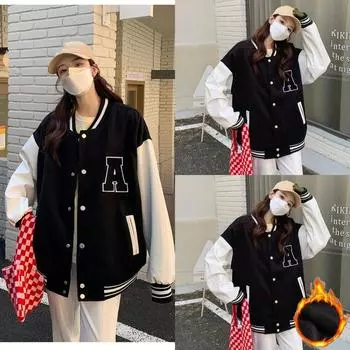 Осенне-зимние модные куртки-бомберы для женщин, уличная одежда, бейсбольная форма, пальто больших размеров, свободные студенческие куртки и пальто M чёрный