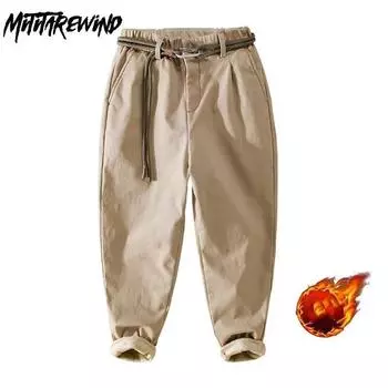 Осенне-зимние модные мужские брюки, повседневные брюки-карго, флисовые толстые теплые брюки с эластичной резинкой на талии и молодежным поясом 29 чёрный