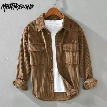 Осенне-зимние модные мужские рубашки повседневные повседневные рубашки с длинным рукавом из чистого хлопка свободные рубашки с воротником-лацканами двойные карманы вельветовые мужские топы M зелёный