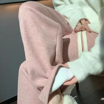 Осенне-зимние модные однотонные широкие брюки женские с высокой талией свободные повседневные плюшевые бархатные брюки женские прямые элегантные простые женские брюки 25696 S розовый