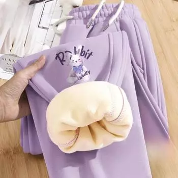 Осенне-зимние модные свободные утолщенные брюки с высокой талией и флисом для женщин M чёрный