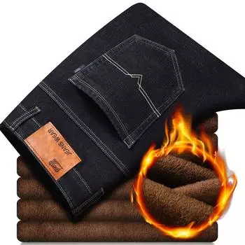 Осенне-зимние мужские эластичные бархатные утепленные универсальные прямые деловые повседневные узкие джинсовые брюки 28