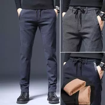 Осенне-зимние мужские эластичные брюки с плюшевой/обычной начесом резинкой, повседневные эластичные модные трендовые универсальные маленькие прямые брюки 28 чёрный