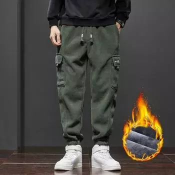 Осенне-зимние мужские брюки больших размеров с подкладкой и утолщением, свободные универсальные рабочие брюки, теплые прямые брюки, однотонные повседневные брюки со шнурком 5XL