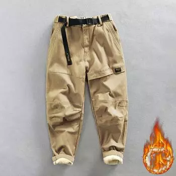 Осенне-зимние мужские брюки-карго из бархата со свободным поясом, удобные мягкие хлопковые карманы, ретро-уличные брюки XXXL чёрный