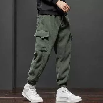 Осенне-зимние мужские брюки-карго, свободные, с эластичной резинкой на талии, большие размеры, утолщенные, однотонные, с карманами M чёрный