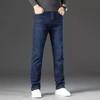 Осенне-зимние мужские джинсы из овечьего флиса и флиса, зимние свободные прямые утолщенные теплые повседневные мужские брюки 32 темно-синий