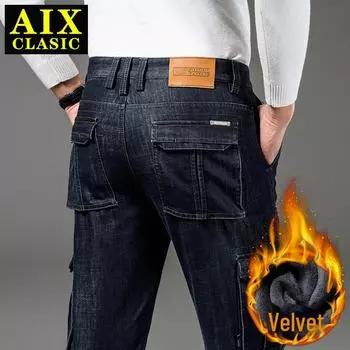 Осенне-зимние мужские джинсы с множеством карманов: Повседневная, универсальная, из бархата, утолщенная, для активного отдыха, тренд 125B. 42 чёрный