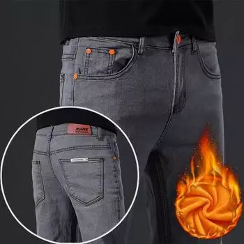 Осенне-зимние мужские флисовые подбитые джинсы облегающие повседневные длинные брюки корейского стиля модные брендовые прямые универсальные брюки 27 чёрный