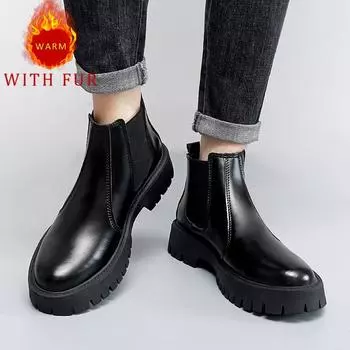 Осенне-зимние мужские кожаные ботинки Классика Качество Теплые Уличные Мотоциклетные Повседневные Деловые Офисные На толстой подошве Короткие ботинки 38 чёрный