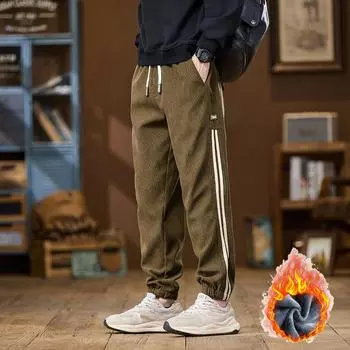 Осенне-зимние мужские новые повседневные брюки модный бренд с флисовой подкладкой и утолщенные мягкие удобные брюки с завязками на щиколотке для мужчин брюки-карго L чёрный/белый