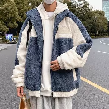 Осенне-зимние мужские пальто, теплое флисовое пальто, теплая хлопковая одежда, свободные топы на молнии с воротником-стойкой M синий