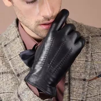 Осенне-зимние мужские перчатки из натуральной козьей кожи с сенсорным экраном на всю ладонь и элегантным цветочным узором S чёрный
