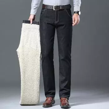 Осенне-зимние мужские плюшевые толстые джинсы свободные прямые эластичные брюки теплые деловые стиль 40 чёрный