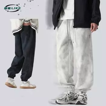 Осенне-зимние мужские повседневные брюки, американские модные уличные спортивные брюки Rascal Street, утяжеленные брюки с завязками на талии и ремешками для защиты ног, мужские M чёрный