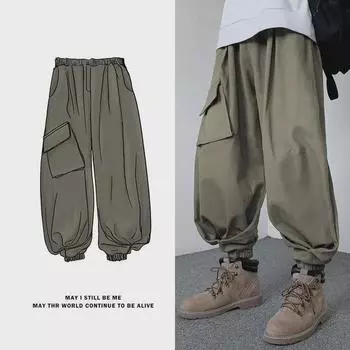 Осенне-зимние мужские японские свободные широкие комбинезоны, повседневные брюки-фонарики в стиле ретро больших размеров M серый/зелёный