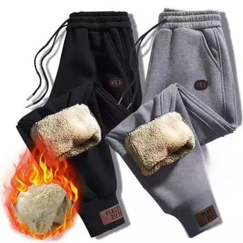 Осенне-зимние мужские свободные повседневные брюки с флисовой подкладкой, утепленные спортивные брюки до щиколотки из бархата M чёрный