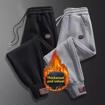 Осенне-зимние мужские свободные повседневные брюки с флисовой подкладкой, утепленные спортивные брюки до щиколотки из бархата M чёрный
