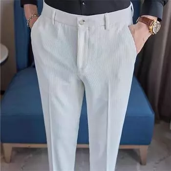 Осенне-зимние мужские толстые вельветовые брюки для костюма, модные облегающие брюки в корейском стиле, мужские однотонные элегантные повседневные брюки 31 белый