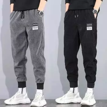 Осенне-зимние мужские вельветовые утепленные трендовые спортивные повседневные брюки на шнурке большого размера XXXXL чёрный