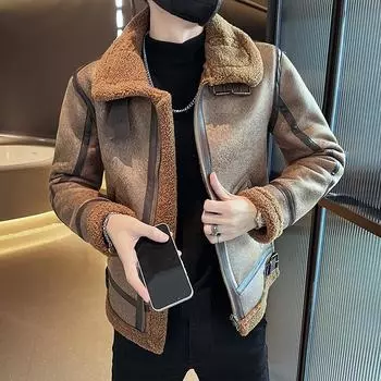 Осенне-зимние мужские верхние куртки, куртка из ткани ягненка с мягким меховым воротником, однотонное деловое теплое толстое пальто для отдыха M