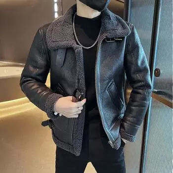 Осенне-зимние мужские верхние куртки, куртка из ткани ягненка с мягким меховым воротником, однотонное деловое теплое толстое пальто для отдыха M